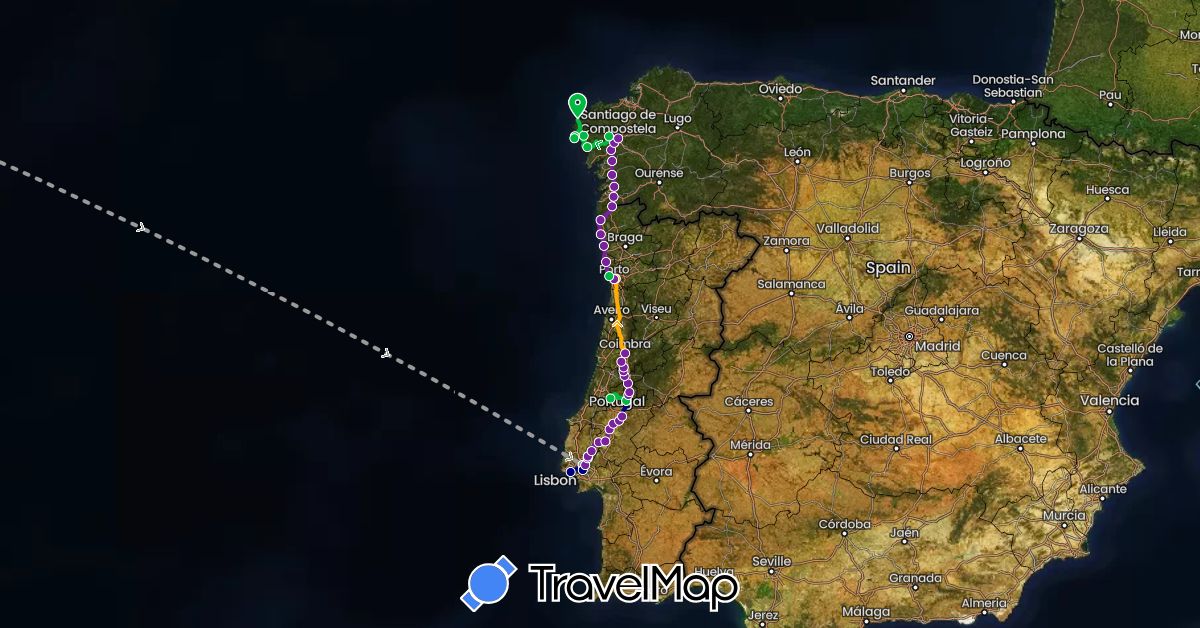 TravelMap itinerary: driving, bus, plane, train, walking in Portugal, United States (Europe, North America)
